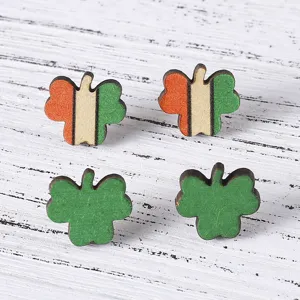 Boucles d'Oreilles Clous en Bois Trèfle Saint-Patrick pour Femmes Acier Inoxydable Drapeau Irlandais Bijoux en Bois