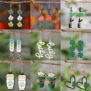 Holz Edelstahl St. Patrick's Day Kleeblatt Ohrhänger Für Damen Grün Herz Kaffeetasse Bedruckt Leicht Schmuck Geschenk