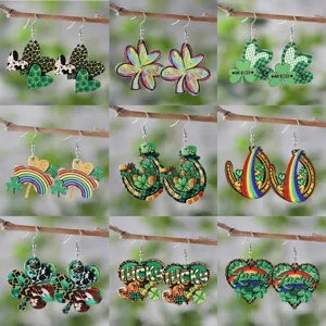 St Patrick's Day Holz Ohrringe Für Damen Edelstahl Kleeblatt Herz Regenbogen Leopardenmuster Lucky Dangle Ohrringe Schmuck