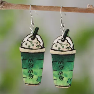 St Patricks Day Holz grüne Kaffeetasse Ohrringe Kleeblatt hängende Ohrhänger Schmuck