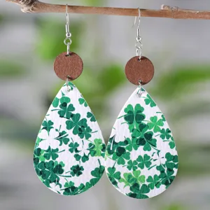 St. Patrick's Tag Kleeblatt Ohrringe PU Leder Tropfenform mit Holz Elementen Ohrhänger Damen