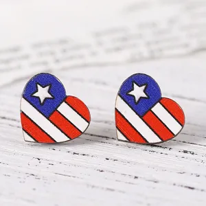 Vintage wooden heart stud earrings with American flag patriotic red white blue star design.