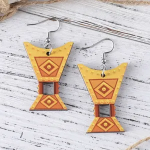 Vintage Holz geometrische Ohrringe mit doppelseitigem abstrakten Muster und Metallhaken Damen.
