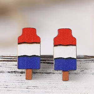 Detailed shot of patriotic red white and blue wooden popsicle stud earrings for women.