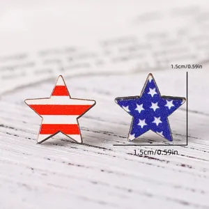 American flag wooden star stud earrings, vintage red white and blue patriotic jewelry design.