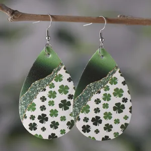St. Patrick's Day Kleeblatt Tropfen PU Leder Ohrringe Gruene Gold Glitzer Schmuck