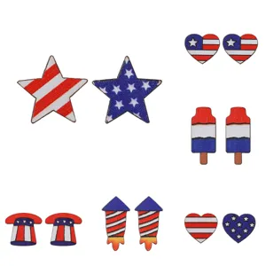 Wooden earrings set featuring American Independence Day red white and blue patriotic holiday patterns.