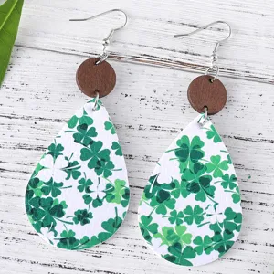 St. Patricks Tag Kleeblatt Tropfen Kunstleder Ohrringe Holz Stecker Ohrschmuck Geschenk