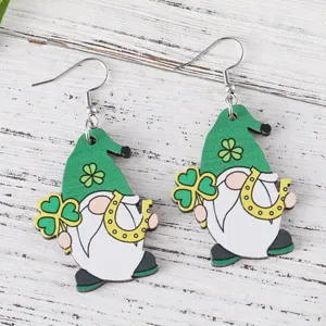 St. Patrick's Day Holz Ohrringe niedlicher Zwerg Kleeblatt Hufeisen Anhänger Damen