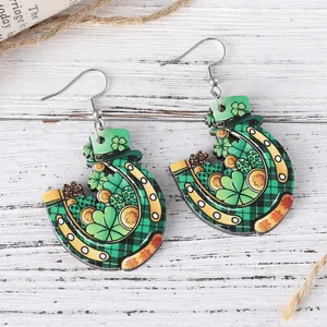 St Patricks Tag Kleeblatt Hufeisen Holz Ohrringe Irisches Karoblatt Ohrschmuck Detail Ansicht