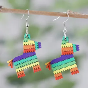 Bunte hölzerne Piñata Esel Ohrringe, süße festliche Holz Ohrhänger für Damen modisch.
