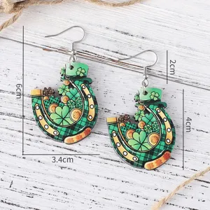 St. Patricks Day Holz Ohrringe grüner Klee Hufeisen Anhänger Schmuck für Damen Geschenke