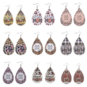 Muttertag Holz PU Leder Tränenohrringe Football Mom MAMA Blessed Leopardenmuster Hängeohrringe Für Damen Mode Schmuck