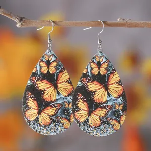 Doppelseitige PU-Leder Monarch Schmetterling Tropfen Ohrringe, stilvoller Sommerschmuck.