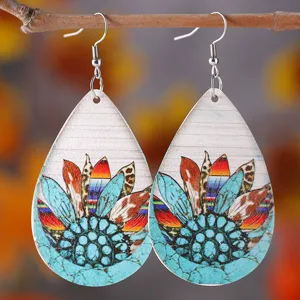 Westliche Türkis Sonnenblume Tropfen Ohrringe, doppelseitiges PU Leder Boho Schmuck.