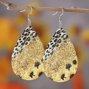 Westlicher Stil Leopard Sonnenblume PU Leder Tropfen Ohrringe Damenschmuck Accessoire