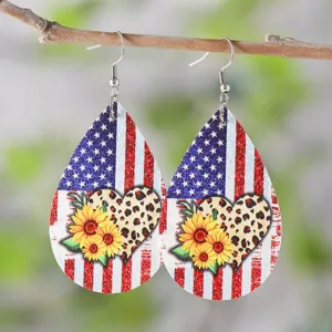 Amerikanische Flagge Sonnenblume Leder Tropfen Ohrringe für Unabhängigkeitstag Schmuck