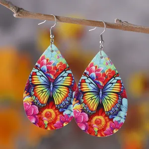 Bunte Schmetterling Blumen Tropfen PU Leder Ohrringe Damen Sommer Mode Schmuck