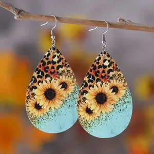 Westlicher Stil Leo Sonnenblume PU Leder Tropfen Ohrringe doppelseitig modischer Schmuck