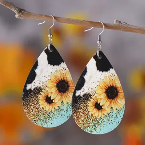 Westlicher Kuhprint Sonnenblumen Kunstleder Tropfen Ohrringe Baumelschmuck für Damen.