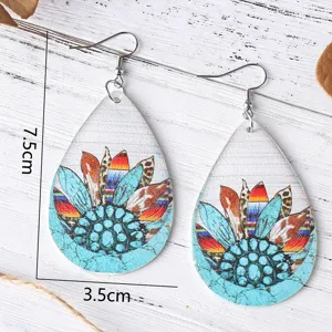Westlicher Stil Türkis Sonnenblume Leder Tropfen Ohrringe, doppelseitiger PU Modeschmuck
