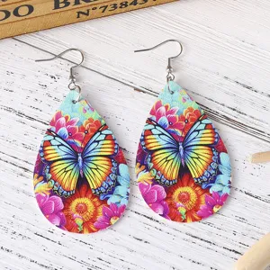 Bunte Schmetterling Blumen PU Leder Tropfen Ohrringe, stilvoller und lebendiger Sommerschmuck.