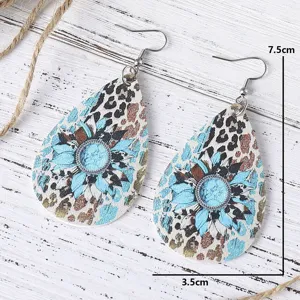 Westliche Leopard Türkis Sonnenblume PU Leder Tropfen Ohrringe Detailansicht Stil.