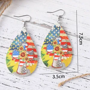 Amerikanische Flagge Kreuz Sonnenblume Leder Tropfen Ohrringe für 4. Juli Mode Schmuck 7.5cm