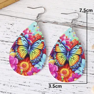 Bunte Schmetterling Tropfen Leder Ohrringe mit Blumenmuster, elegante Sommer Ohrhänger für Damen.