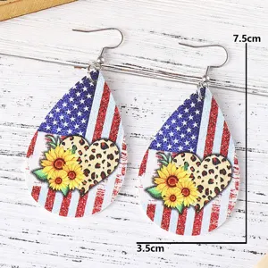 Amerikanische Flagge Sonnenblume Leopard Print Tropfen Leder Ohrringe 4. Juli Damenschmuck