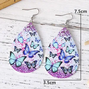 Blaue Schmetterling Tropfen PU Leder Ohrringe für Damen Sommer Mode Schmuck 7.5cm