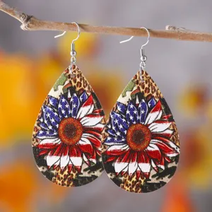 Amerikanische Flagge Sonnenblume Leder Tropfen Ohrringe patriotischer Leo Print Schmuck Damen