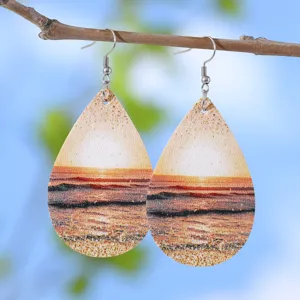 Hawaiianischer Strand Sonnenuntergang Tropfen PU Leder Ohrringe, Urlaubsstil Ohrhänger Damen.