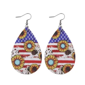 Amerikanische Flagge Sonnenblume Tropfen Kunstleder Ohrringe fur Damen Party Schmuck