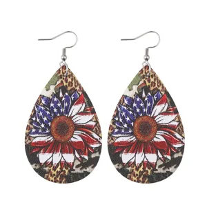 Amerikanische Flagge Sonnenblume Tropfen PU Leder Ohrringe Damen Party Schmuck Geschenk