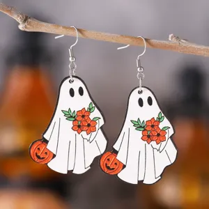 Halloween Geist Kürbis Holz Ohrringe süße Blumen hängende Ohrringe für Damen Schmuck
