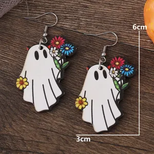 Halloween Geist Holzohrringe mit bunten Blumen, doppelseitige niedliche Ohrhänger Detail.