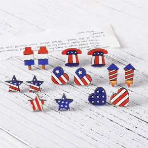 Amerikanische Unabhängigkeitstag Holz Ohrstecker Für Damen Rot Weiß Blau Stars Stripes Flagge Herz Stern Hut Eisrakete Schmuck Geschenk