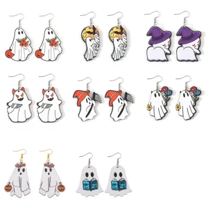 Halloween Holz Ohrringe Für Damen Doppelseitig Bedruckt Geist Kürbis Hexenhut Fledermaus Edelstahl Stift Tropfen Ohrhänger Feiertag Party Schmuck Geschenk