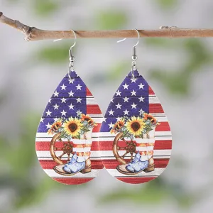 American flag sunflower teardrop earrings, western cowboy boot leather drop earrings.