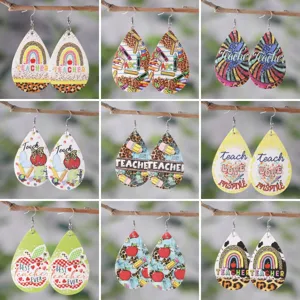 Lehrer PU Leder Tropfen Ohrringe Mit Edelstahl Haken Bleistift Apfel Druck Schmuck Für Damen Back To School Geschenk