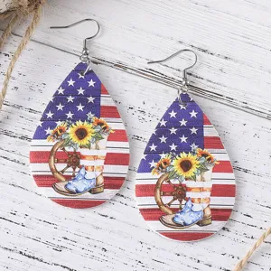 American flag sunflower cowboy boot PU leather teardrop earrings for women retro jewelry gift.