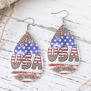 USA flag leopard print PU leather teardrop earrings for Independence Day jewelry