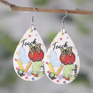 Lehrer Tropfen Lederohrringe mit süßem Apfel und Stift Motiv für den Schulanfang Geschenke.