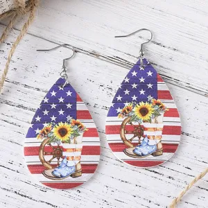 American Independence Day PU teardrop earrings with sunflower and western cowboy boot prints.