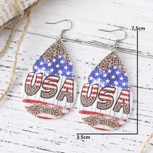US Independence Day patriotic leopard print PU leather teardrop earrings, 7.5cm drop.
