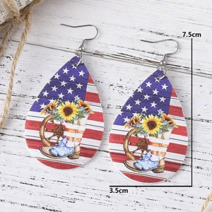 American flag and sunflower cowboy boot print teardrop PU leather earrings detail view