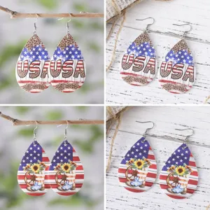 USA Independence Day PU Leather Teardrop Earrings Star Stripes Leopard Sunflower Cowboy Boots Dangle Earrings For Women Fashion Jewelry
