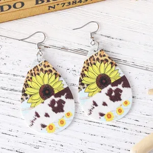 Sonnenblume Leoparden Kuhmuster PU Leder Tropfen Ohrringe Western Stil Modischer Schmuck