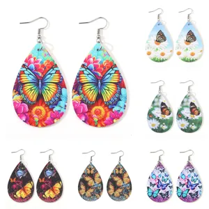 Westlicher Stil Doppelseitiges PU-Leder Schmetterling Gänseblümchen Blume Hängeohrringe Für Damen Sommer Mode Bedruckte Wassertropfen Ohrringe
